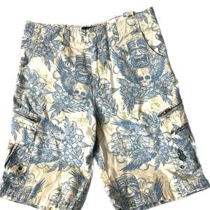 Sapphire Lounge Mens Broad Shorts Skull Tribal Graphic Blue Zipper Pockets Sz 32